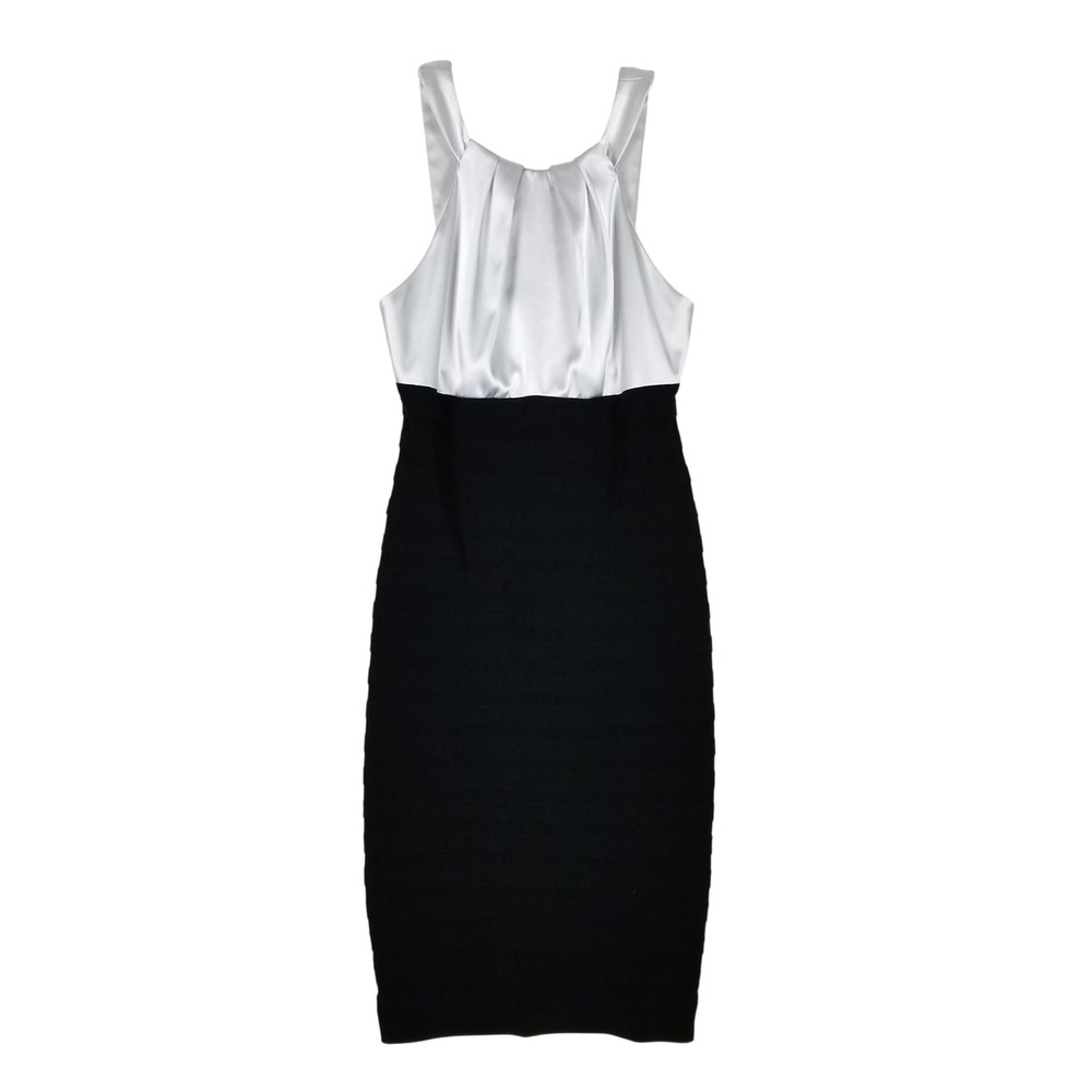 Xscape Cocktail Dress Women 4 Silver Black Satin Bandage Halter Pleated Bodycon